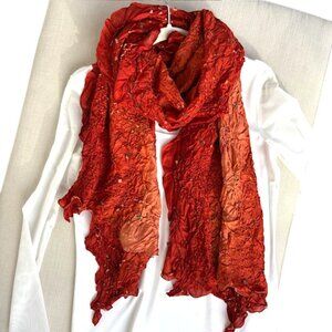 VTG Bandhani Crinkle Floral Scarf/Wrap-Burnt Orange Ombre Green Gold Accents